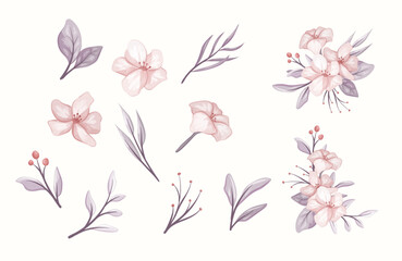 pastel pink and purple floral collection - obrazy, fototapety, plakaty