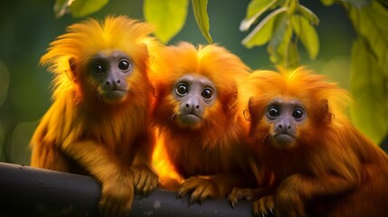 Obraz premium A group of enchanting golden lion tamarins perched in the jungle canopy, their vivid orange fur and expressive faces capturing the essence of the rainforest.