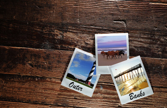 Retro instant camera photos with images from NC Outer Banks on vintage hardwood floors