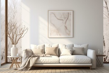Minimalist living room with white sofa, wooden floor, decor, window landscape. Nordic Scandinavian interior mock-up. Generative AI