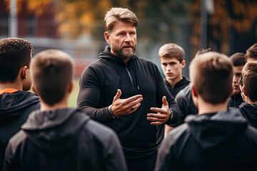Mature man experienced coach tells something to his young team