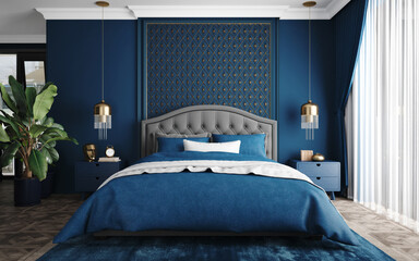 Blue bedroom modern classic style.3d rendering