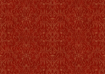 Hand-drawn unique abstract symmetrical seamless gold ornament on a bright red background. Paper texture. Digital artwork, A4. (pattern: p11-1b) - obrazy, fototapety, plakaty