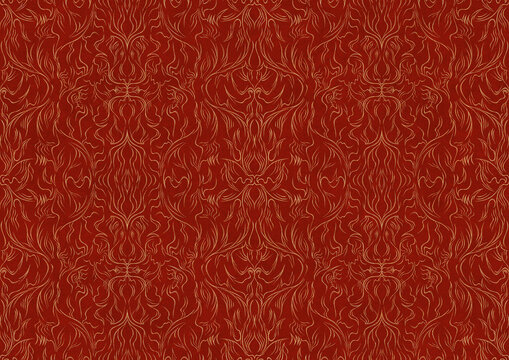 Fototapeta Hand-drawn unique abstract symmetrical seamless gold ornament on a bright red background. Paper texture. Digital artwork, A4. (pattern: p11-1b)