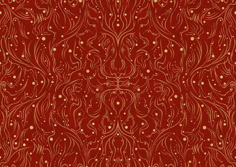 Hand-drawn unique abstract symmetrical seamless gold ornament on a bright red background. Paper texture. Digital artwork, A4. (pattern: p11-2a)