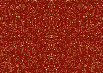 Hand-drawn unique abstract symmetrical seamless gold ornament on a bright red background. Paper texture. Digital artwork, A4. (pattern: p11-2a)