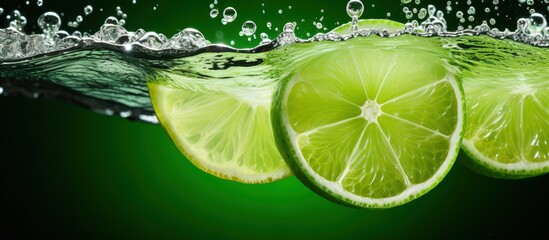 Lime slice in soda water backdrop with copyspace for text