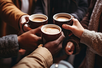 Fototapeta na wymiar People's hands holding mugs of coffee. 