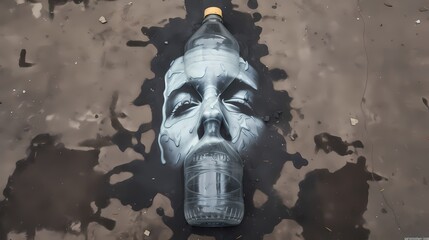 Plastic bottle with human face in the water - obrazy, fototapety, plakaty