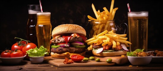 Plentiful variety of snacks and fast food displayed on a wooden table in a restaurant Includes tomato soup hamburger french fries shrimp pasta seafood pizza sandwich and alcoholic beverages