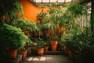 A variety of lush green house plants in identical clay orange pots, creating a home jungle with vertically growing plants and selective focus. Generative AI - obrazy, fototapety, plakaty