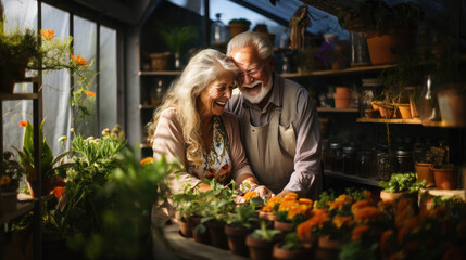 Generative AI, happy elderly man and woman working in the garden, greenhouse, hobby for the elderly, gardening, pots, flowers, plants, pensioners, old age, grandparents, vegetable garden, grandfather