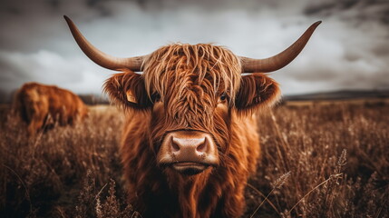 Scottish highland cow in the field, Scotland, UK. - obrazy, fototapety, plakaty