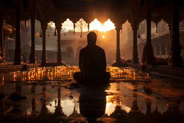A man prays on his knees in front of a temple at sunset. Indian religion and culture