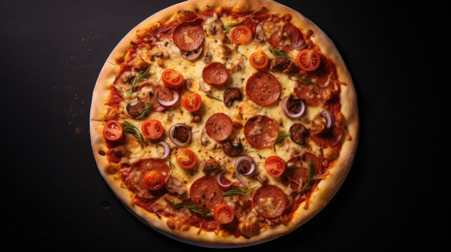 Fast Food Delight - Isolated Round Pan Of Pizza On A Black Background