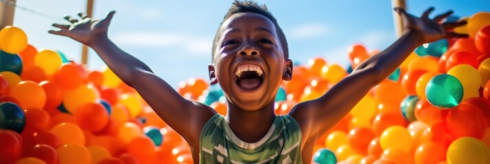 Banner laughing child boy having fun in ball pit on birthday party in kids amusement park and indoor play center, laughing, playing with colorful balls in playground ball pool. - obrazy, fototapety, plakaty