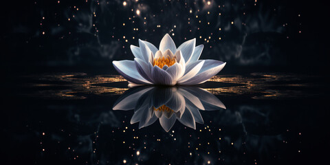 Lotus flower at night with reflection on water surface. Water lily. - obrazy, fototapety, plakaty