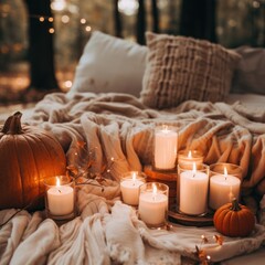 Fototapeta na wymiar Cozy fall vibes. pumpkin spice and candles