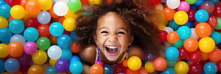 Banner laughing child girl having fun in ball pit on birthday party in kids amusement park and indoor play center, laughing, playing with colorful balls in playground ball pool.