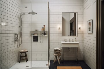 Bathroom with white tiles and a shower cabin. Generative AI - obrazy, fototapety, plakaty