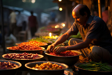An Indian man sells colorful spices, powders and herbs at a traditional street market in India - obrazy, fototapety, plakaty