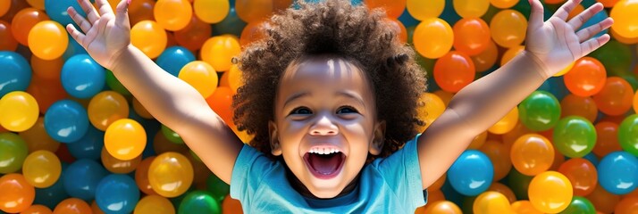 Banner laughing child boy having fun in ball pit on birthday party in kids amusement park and indoor play center, laughing, playing with colorful balls in playground ball pool. - Powered by Adobe