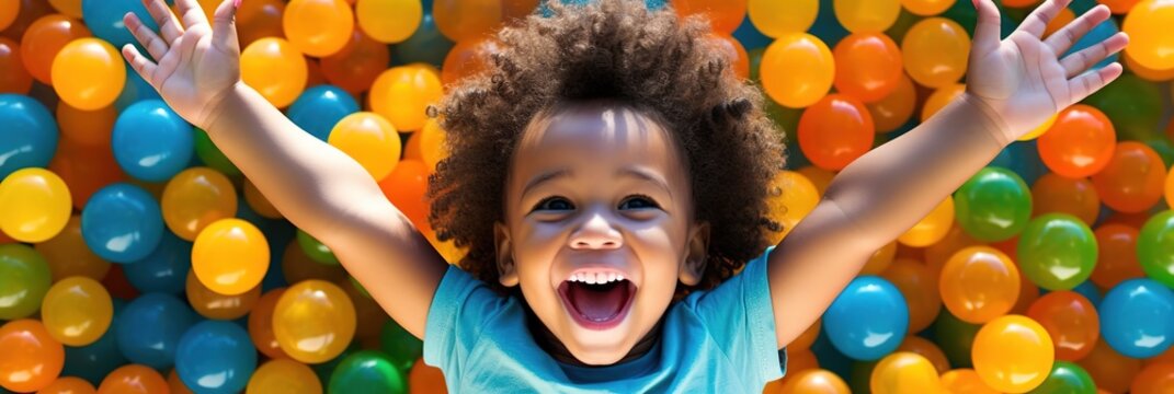 Banner laughing child boy having fun in ball pit on birthday party in kids amusement park and indoor play center, laughing, playing with colorful balls in playground ball pool.