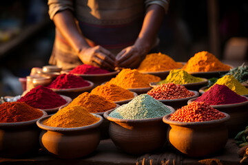 Hands packing colorful spices, powders and herbs at a traditional street market in India - obrazy, fototapety, plakaty