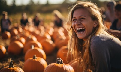Laughing teenager girl in pumpkin patch. Beautiful teen girl taking photo in orange pumpkins at farm market. Happy Halloween and Thanksgiving.