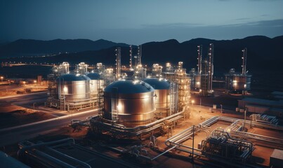 Modern industrial plant. Big oil tanks in refinery base. Storage of chemical products like oil, petrol, gas. Aerial view of petrol industrial zone at night.