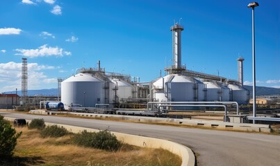 Obraz premium Modern industrial plant. Big oil tanks in refinery base. Storage of chemical products like oil, petrol, gas. Aerial view of petrol industrial zone.