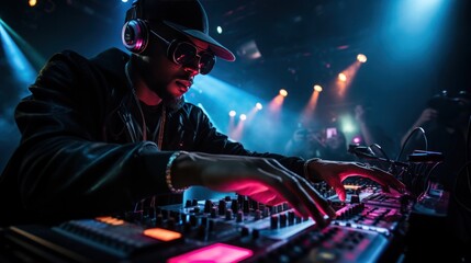 Fototapeta na wymiar DJ hypes up crowd with electrifying beats