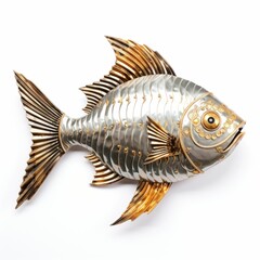 Steampunk-inspired fish sculpture crafted with intricate metallic details, gears, and rivets, showcasing a blend of artistry and mechanical design