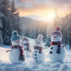 Christmas snowman greeting card, snowmen in a row