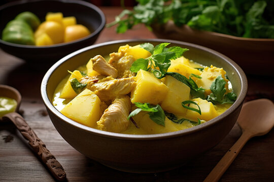 A fragrant bowl of kaeng kari gai, Thai yellow curry with tender chicken and potatoes.