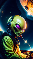 Naklejka premium An Alien in the cockpit sitting on the pilot's seat flying a spaceship, generative ai