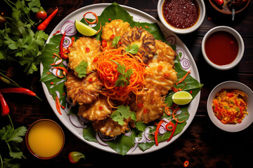 A colorful platter of crispy Thai fish cakes (Tod Mun Pla) served with sweet chili sauce - obrazy, fototapety, plakaty