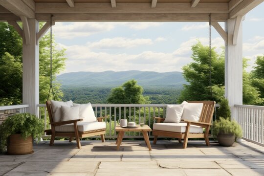 Fototapeta Spacious Veranda with Panoramic Mountain Views: Elegant Lounge Chairs, Potted Plants, and a Serene Overlook of Rolling Hills and Cloudy Sky Vermont Scene Colorado Mock Up