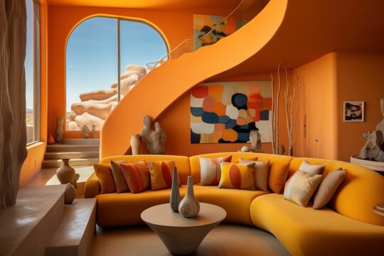 Contemporary Elegance in Living Space A modern interior design featuring a curvaceous orange staircase, matching orange sectional sofa, with a large window offering a desert view, complemented by abst