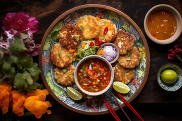 A colorful platter of crispy Thai fish cakes (Tod Mun Pla) served with sweet chili sauce - obrazy, fototapety, plakaty