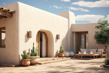 New Mexico building outside 3D rendering, photo realistic, exterior stucco house in New Mexico...