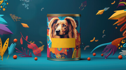 Dog Food Advertisement / Social Media Mockup: Colorful Abstract Design with Healthy Dog