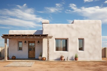 New Mexico building outside 3D rendering, photo realistic, exterior stucco house in New Mexico Landscape