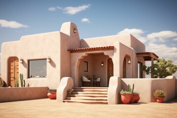 Off white New Mexico building outside 3D rendering, photo realistic, exterior stucco house in New...