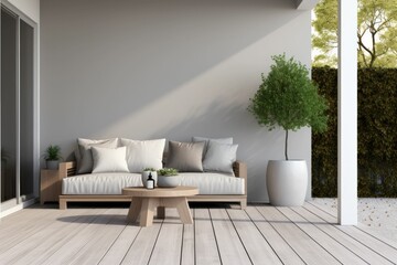 Contemporary gray sofa on wooden floored open air porch, grey tones, simple minimalistic space, accent plants and end table, 3D rendering