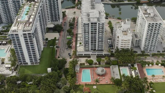 Aerial view of hotel resorts along South Miami Beach, Florida cityscape landscape - 4K Drone