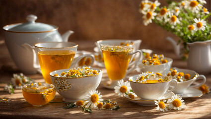 Fresh tea in cups, chamomile flower