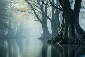 Venture into a surreal forest realm, where dense trees stand shrouded in an ethereal mist. A calm river meanders through, its waters reflecting the dreamy surroundings. 