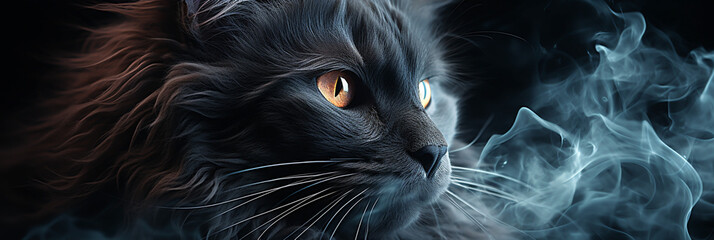 Wide horizontal pet lover banner image of a cute black cat with sharp yellow eyes with white smoke
