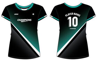 Women Sport Jersey t-shirt design flat sketch Illustration, stripe halftone pattern Round neck t shirt for girl and Ladies Volleyball jersey, Football, badminton, Soccer and netball, Sport uniform kit